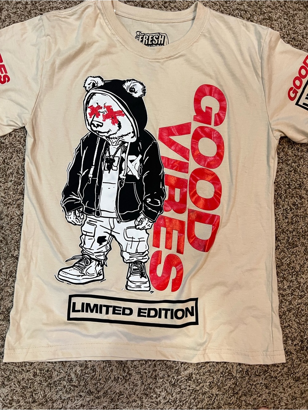 Fresh Laundry Culture Beige Kids Short Sleeve Tee with Red GOOD VIBES Graphic